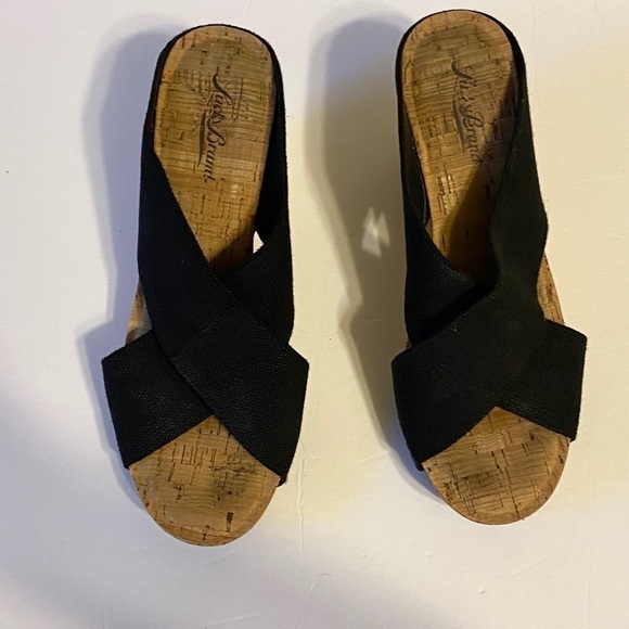 Lucky Brand Miller 2 Cork Wedge Platform Black Linen Strap Sandals 8 - Picture 10 of 11